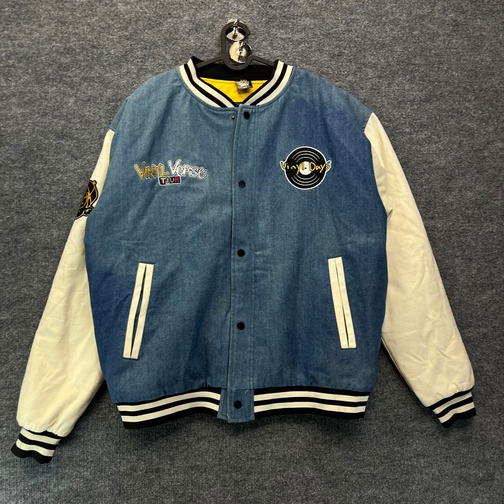 Goldset Merch Vinyl Verse Bomber Jacket Men's Blue White Quilted Lined - Large